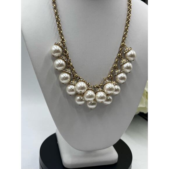 J. Crew Gold-Tone Faux Pearl Rhinestone Dangle Cluster Statement‎ Necklace - Picture 3 of 11